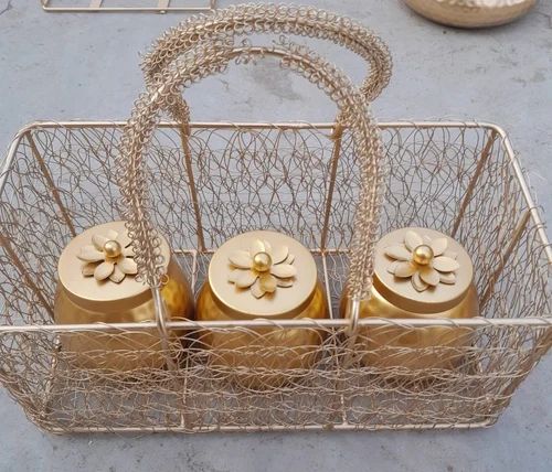 Iron Gold Jar Set With Basket For Gift Packaging