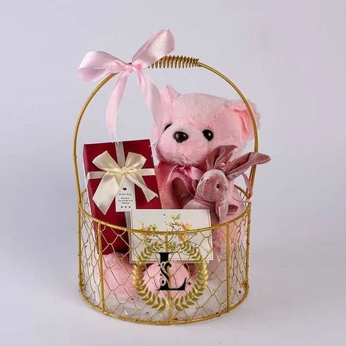 Polished Iron Teddy Knitted Gift Hamper, Color : Golden(basket)