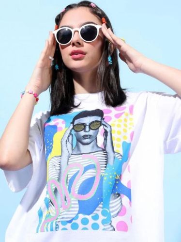 Ladies White Cotton Printed Oversized T Shirt