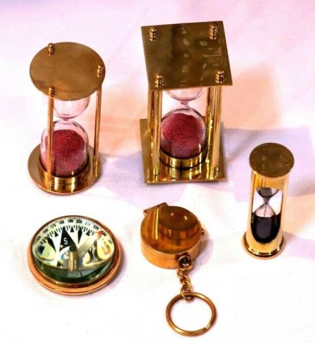 Combo Pack Of 3 Antique Brass Sand Timer and 2 Nautical Brass Compass