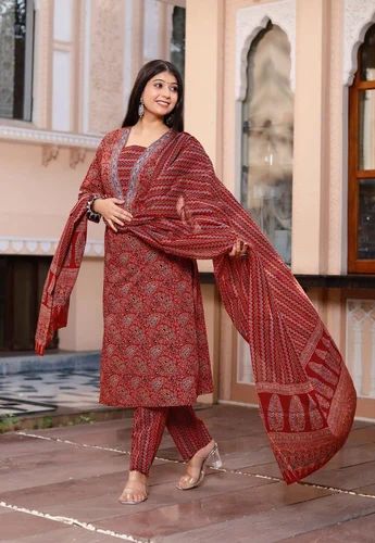 Straight Lapink Ajrak Printed Cotton Suit, Color : Multicolor Casual Wear