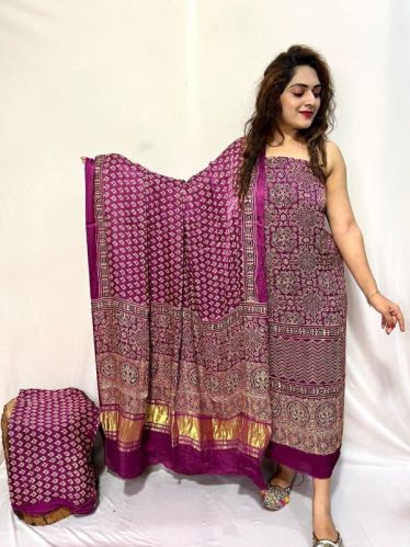 Casual Wear Lapink Ajrak Printed Silk Suit, Color : Multicolor