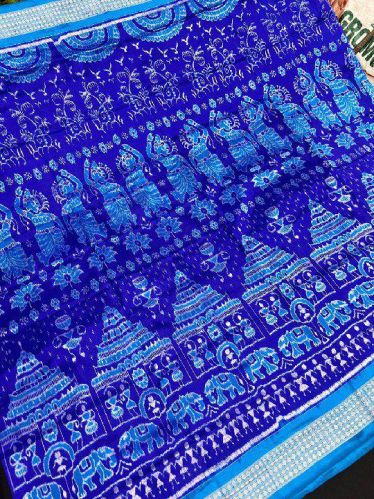 Ladies Blue Konark Temple Print Silk Saree