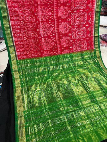 Ladies Green & Red Sambalpuri Tissue Silk Saree