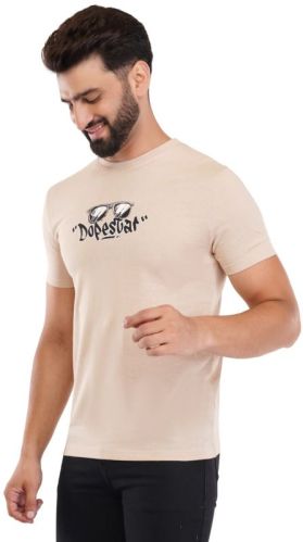 Cotton Mens Beige Printed Round Neck T-shirts Casual Wear