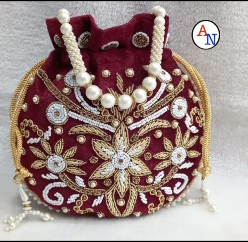 Cotton Zari Work Potli Bag, Color : Red, Gold
