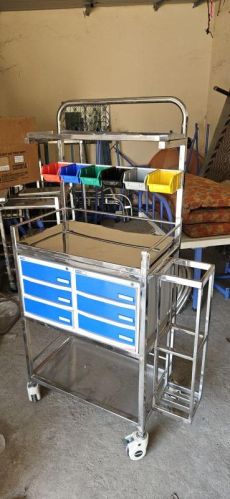 Polished Aluminium Crash Cart Trolley For Clinics, Hospitals