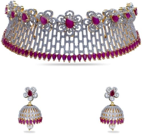 Lilac Floral Red Nakshatra Cz Choker Set