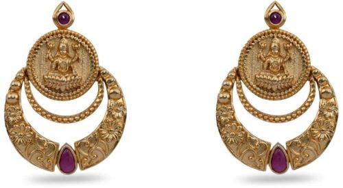Shreeja Antique Red Kempu Chandbali Earrings, Length : 3.5 Cm