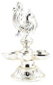 Brass Peacock Figurine Oil Lamp Diya With A Silver Polish
