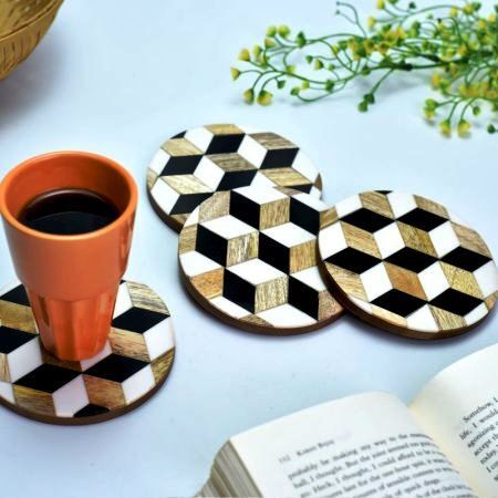 Geometric Round Black Coaster Set Of 4
