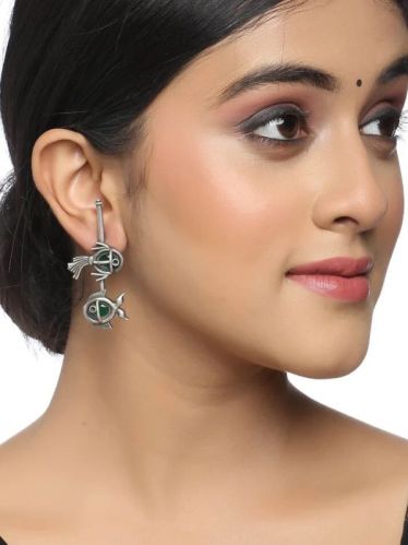 Fish Shape Oxidized Earrings With Green Stone