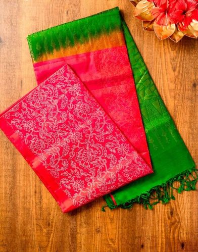 Pink Kanchipuram Saree With Green Brocade Zari Border