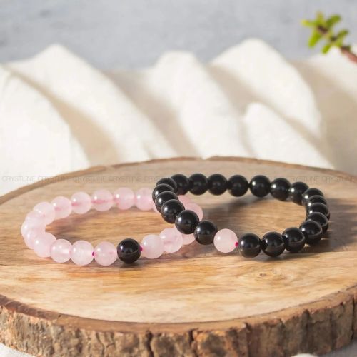 Rose Quartz And Black Tourmaline Couple Bracelet