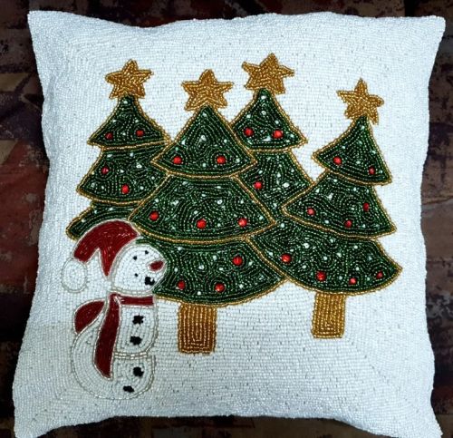 Christmas Trees and Snowman Handmade Beaded Cushion Covers