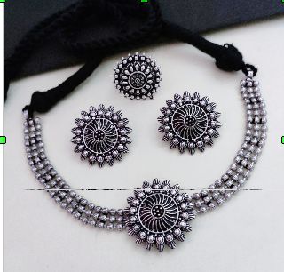 Plain Silver Oxidized Choker Necklace Set Antique