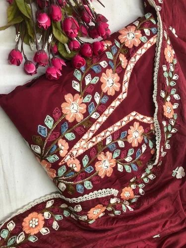 Silk Ladies Embroidered Unstitched Suit, Color : Maroon (base Color), Technics : Embroidery Work