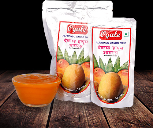 Ogale Natural Devgad Alphonso Mango Pulp, Taste : Sweet, Certification : FSSAI, Packaging Size : 500 Gm