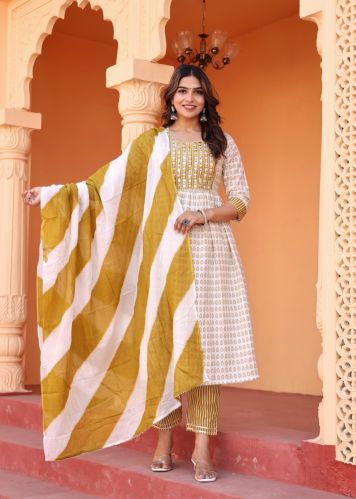 Ladies Mustard and White Printed A-line Kurta and Pant Set