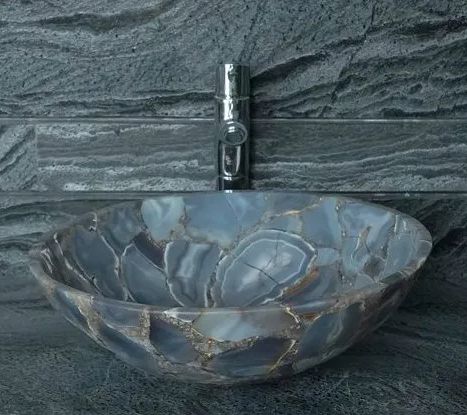 Printed Polished Gemstone Grey Agate Wash Basin Modern