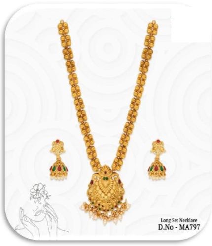Polished Long Pendant Necklace Set, Color : Golden Party Wear