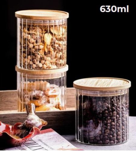 630ml Round Transparent Glass Storage Jar, Cap Material : Wooden For Kitchen(multipurpose )