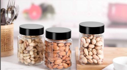 Cubical Square 300ml Transparent Glass Jar, Cap Material : Plastic For Dry Fruits Storage