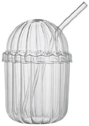 Glass Drinking Cup With Dome Lid and Straw