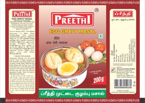 Preethi Blended Egg Gravy Masala, Form : Powder, Certification : FSSAI Certified, Packaging Type : Plastic Packet