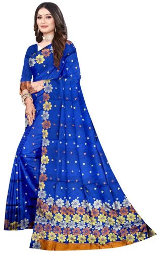 Blue Floral Printed Silk Saree