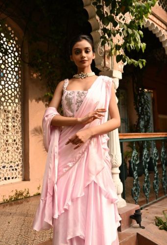 Satin Georgette Stitched Plain Indo Western Saree Party Wear