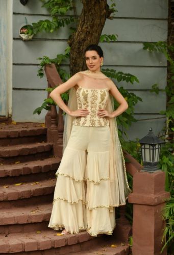 Wedding Wear Crepe Organza Tulle Sunanta Madaan Indo Western Sharara