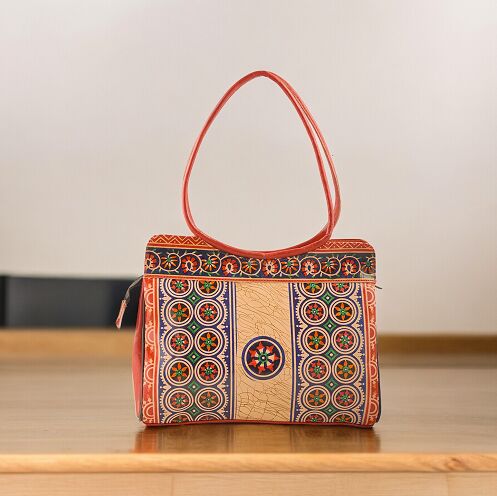 Handblock Shantiniketan Genuine Leather Traditional Batik Printed Shoulder Bag For Office Goers