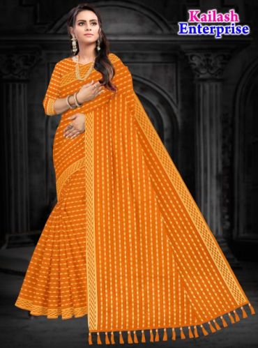 Printed Orange Cotton Saree Party Wear