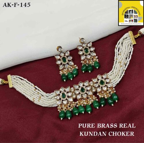 Pure Brass Real Kundan Choker Necklace Party Wear, Festival Wear, Packaging Type : Box