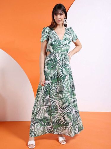 Women Tropical Leaf Print Maxi Dress