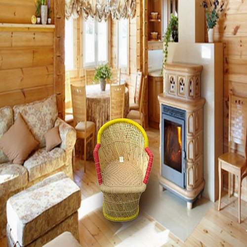 Ecowoodies Polished Bamboo cane Outdoor Chair, Color : Beige /Yellow 16x16x16 (LxWxH) In Inches for Restaurant