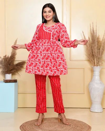 Ladies Red Cotton Printed Co-ord Set