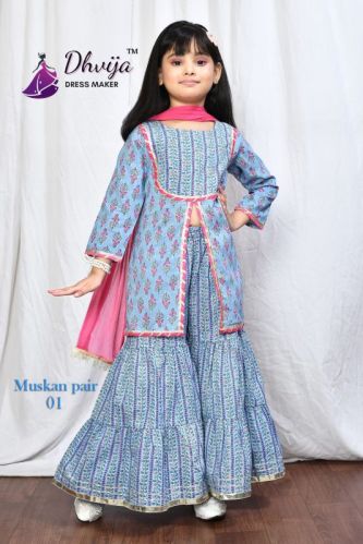 Blue Cotton Printed Floral Kurta Sharara Set
