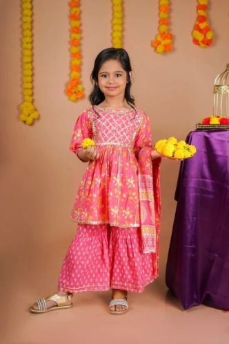 Casual Wear Dhwija Kids Pink Sharara Set, Pattern : Printed
