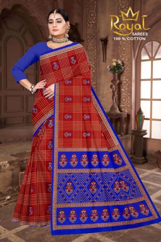 Julie Red & Dark Blue Cotton Saree