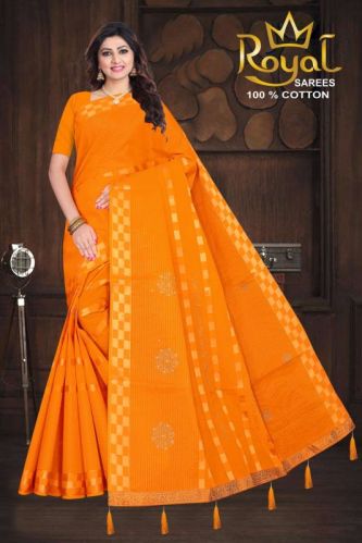 Printed Lavanya Orange Cotton Saree, Packaging Type : Poly Bag