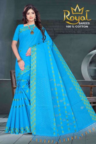 Pragati Sky Blue Cotton Saree, Packaging Type : Poly Bag