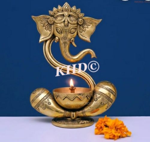 KHD Round Plain Chrome Brass Ganesh Diya Statue, For Interior Decor