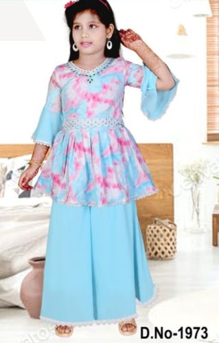 Printed Round Neck Jorjet Girl Palazzo Set, Size : 26-38