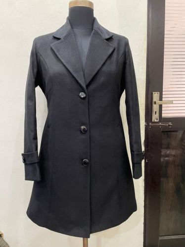 Polyester Plain Black Ladies Long Coat Casual Wear M