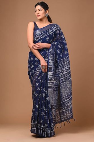 Hand Block Printed Linen Saree, Occasion : Festive Wear