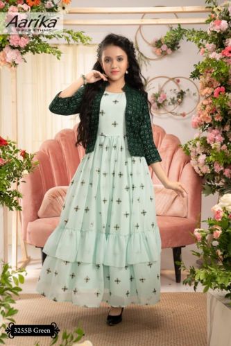 Girls Green Georgette Gown With Sequence Work Jacket
