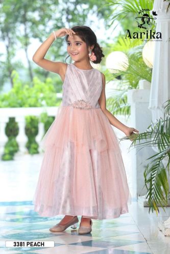 Girls Peach Color Nylon Fabric Gown, Occasion : Party Wear