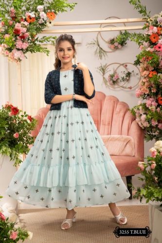 Girls T Blue Georgette Gown With Sequence Work Jacket